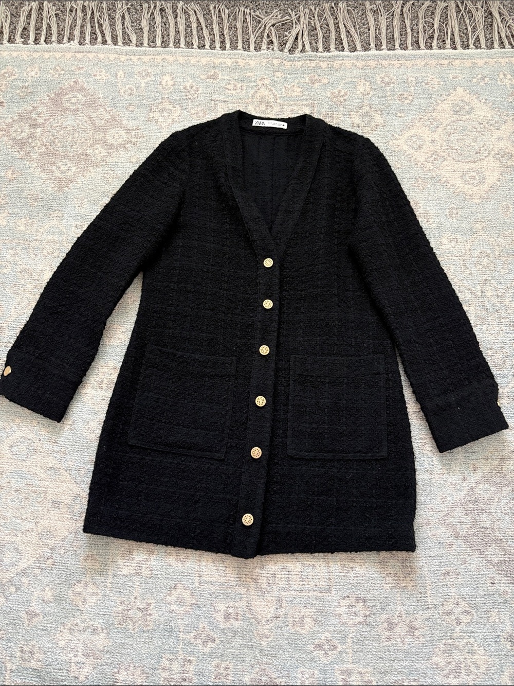 Zara Black Long Textured Tweed Cardigan Jacket with Gold Buttons